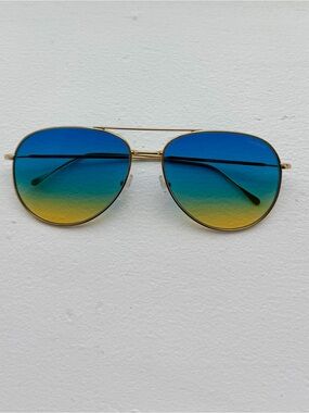 Illesteva Gold Wire Aviator Sunglasses Blue Yellow Sunset Gradient Lens